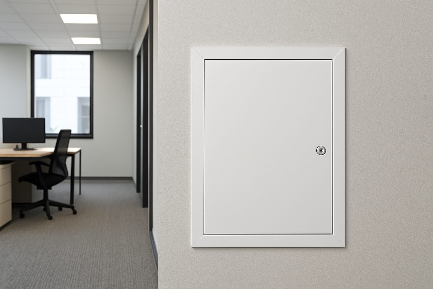 Standard Flush Steel Access Door w/ Screwdriver Cam Latching, Visible Flange, Prime Painted, Item AHD