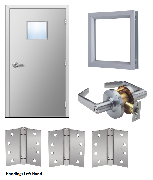 Door/Frame Unit: Flush Commercial Steel Door with 10-inch x 10-inch (viewable) Metal Vision Kit, Knock-Down 4 7/8" Throat Steel Frame with Spring Hinges and an Entry Function Cylindrical Lever Lock, 90 min Fire Labeled