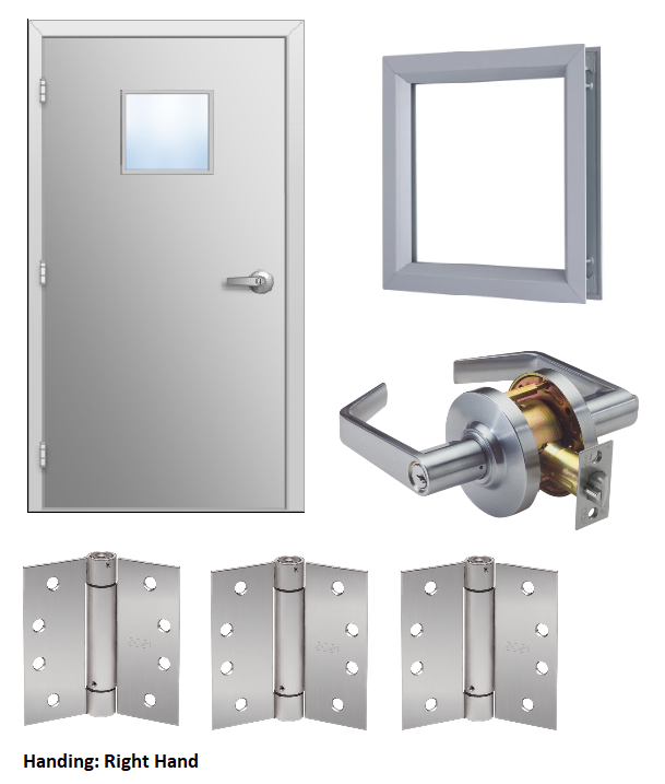 Door/Frame Unit: Flush Commercial Steel Door with 10-inch x 10-inch (viewable) Metal Vision Kit, Knock-Down 4 7/8" Throat Steel Frame with Spring Hinges and an Entry Function Cylindrical Lever Lock, 90 min Fire Labeled