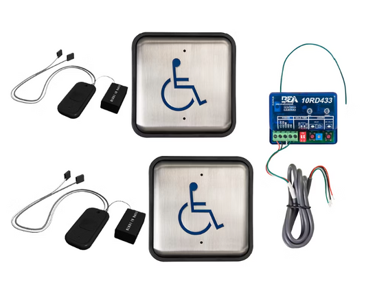 Stainless RF wall switch receiver kit with wheelchair accessibility symbols, transmitters, and wiring