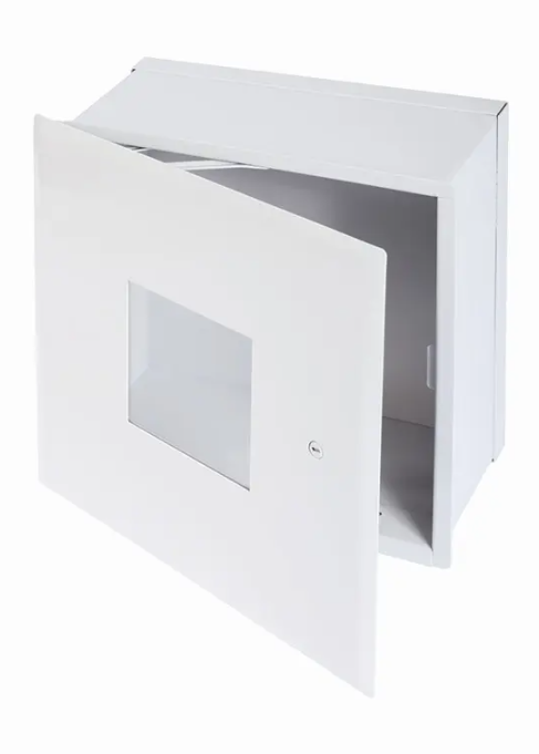 BTV Valve Box with Plexiglass Window Access Door x 4" Depth, Hidden Flange, Prime-Painted White.