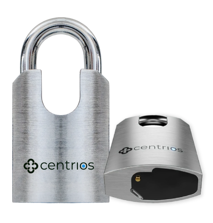 Satin chrome smart padlock with wide U shackle and Centrios logo