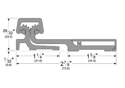 Continuous hinge cross-section diagram with labeled dimensions and mounting gaps