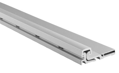 Continuous aluminum hinge track with mounting slots, clear anodized finish