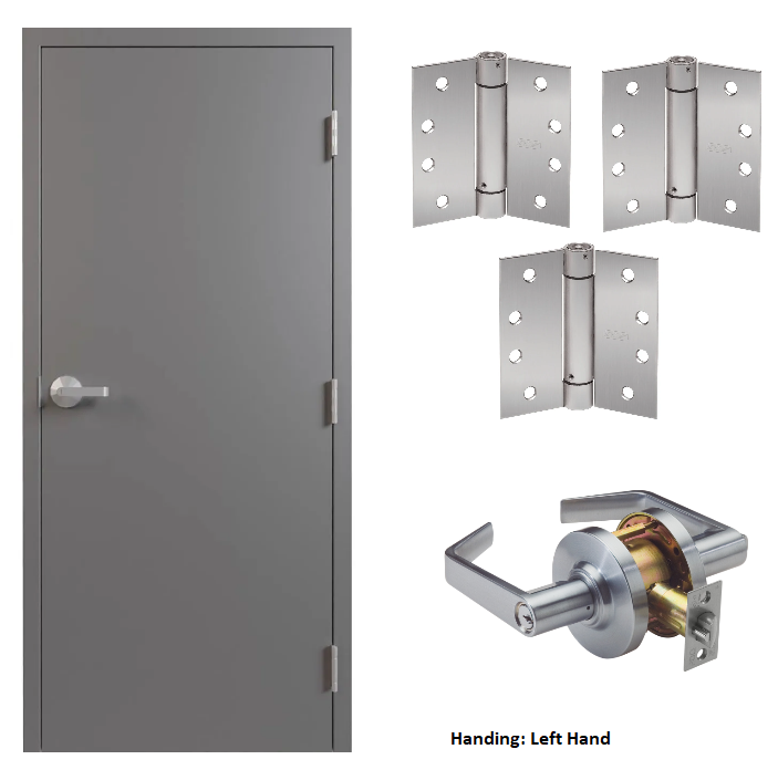 Door/Frame Unit: Flush Commercial Steel Door, Knock-Down 4 7/8" Throat Steel Frame with Spring Hinges and an Entry Function Cylindrical Lever Lock, 90 min Fire Labeled