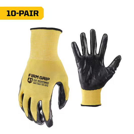 Firm Grip Nitrile Coated Work Gloves, Black/Yellow, Size Large (10 Pack)