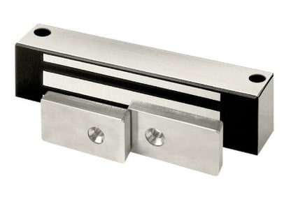 Stainless and black magnetic cabinet lock with dual face plates and mounting holes