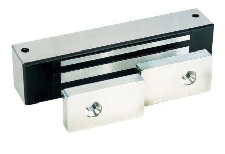 Magnetic cabinet lock showing stainless armature plate and black housing, angled view