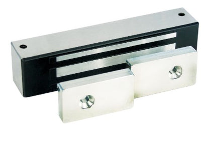 Magnetic cabinet lock showing stainless armature plate and black housing, angled view