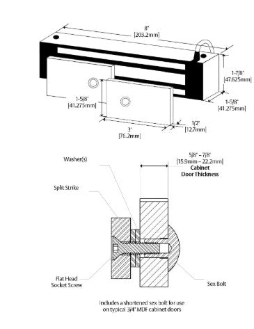 Magnetic cabinet lock technical drawing with split strike, bolts, and dimensions