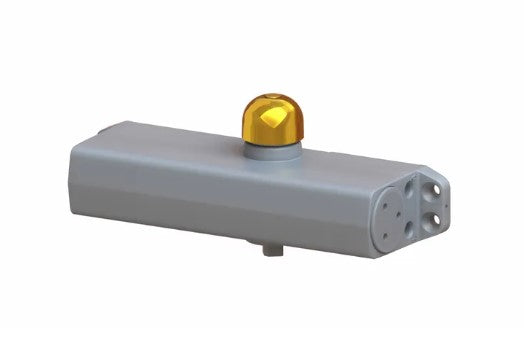 Overhead door closer with silver housing and gold adjustment cap
