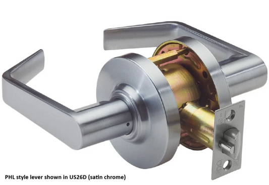 Commercial passage lever set with satin chrome cylindrical handle and backplate