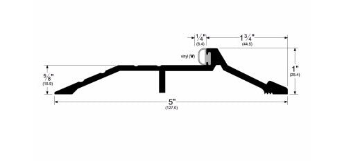 Threshold saddle profile diagram with side flanges and ribbed top, 5 in span