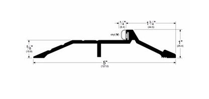 Threshold saddle profile diagram with side flanges and ribbed top, 5 in span