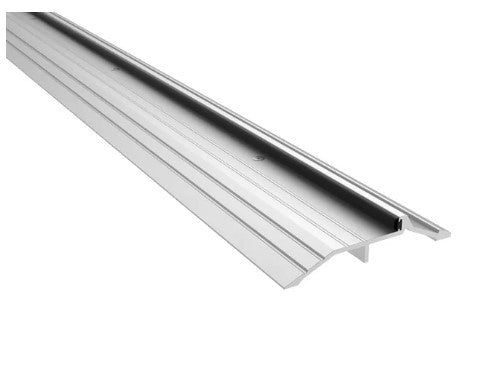 Metal threshold saddle with ribbed surface and angled edges, aluminum color