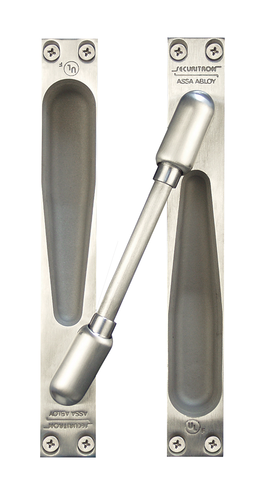 Concealed electrical power transfer bracket with satin stainless steel lever bar