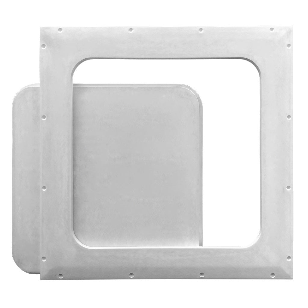 White square ceiling access panel frame with rounded-corner opening and mounting holes
