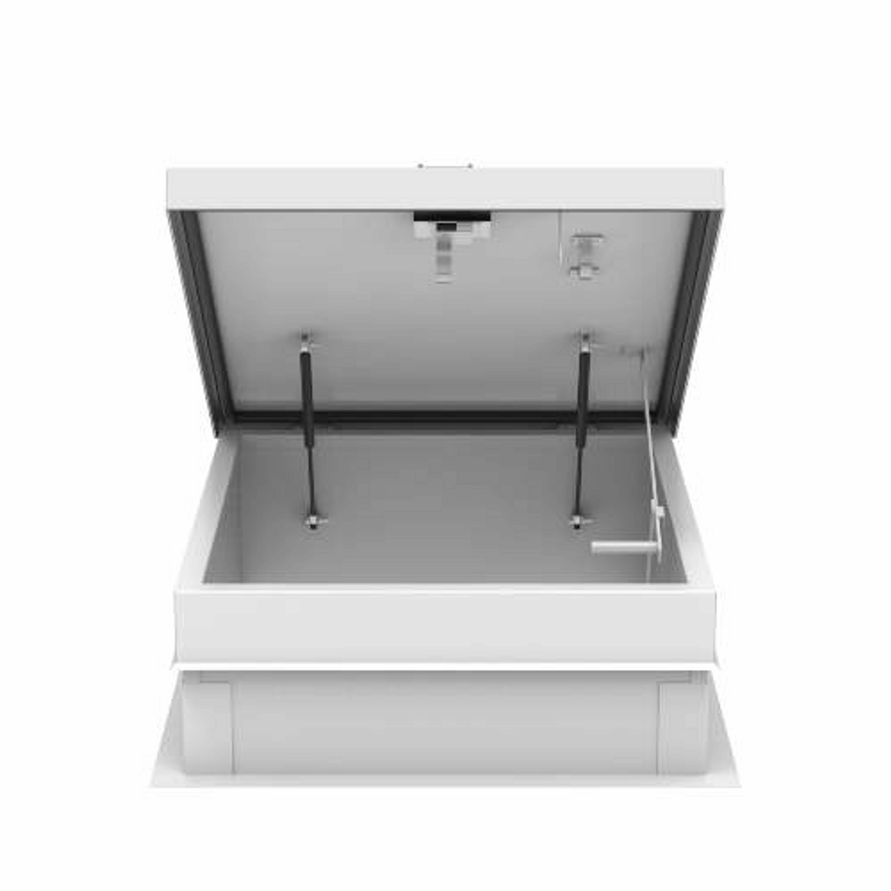 Prime-painted roof hatch interior view with open lid and underside handle brackets